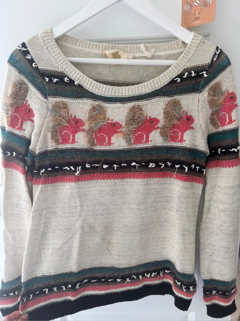 Anthropologie HWR Vintage Squirrel Fair Isle Sweater Beaded Pink Squirrels M